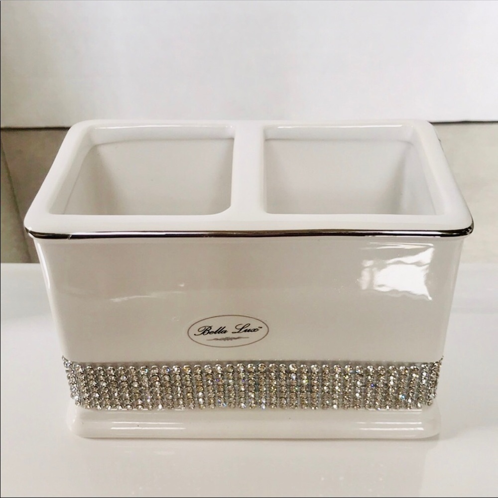 Bella Lux White Ceramic Dual Toothbrush Holder with Rhinestone Crystal Accents
